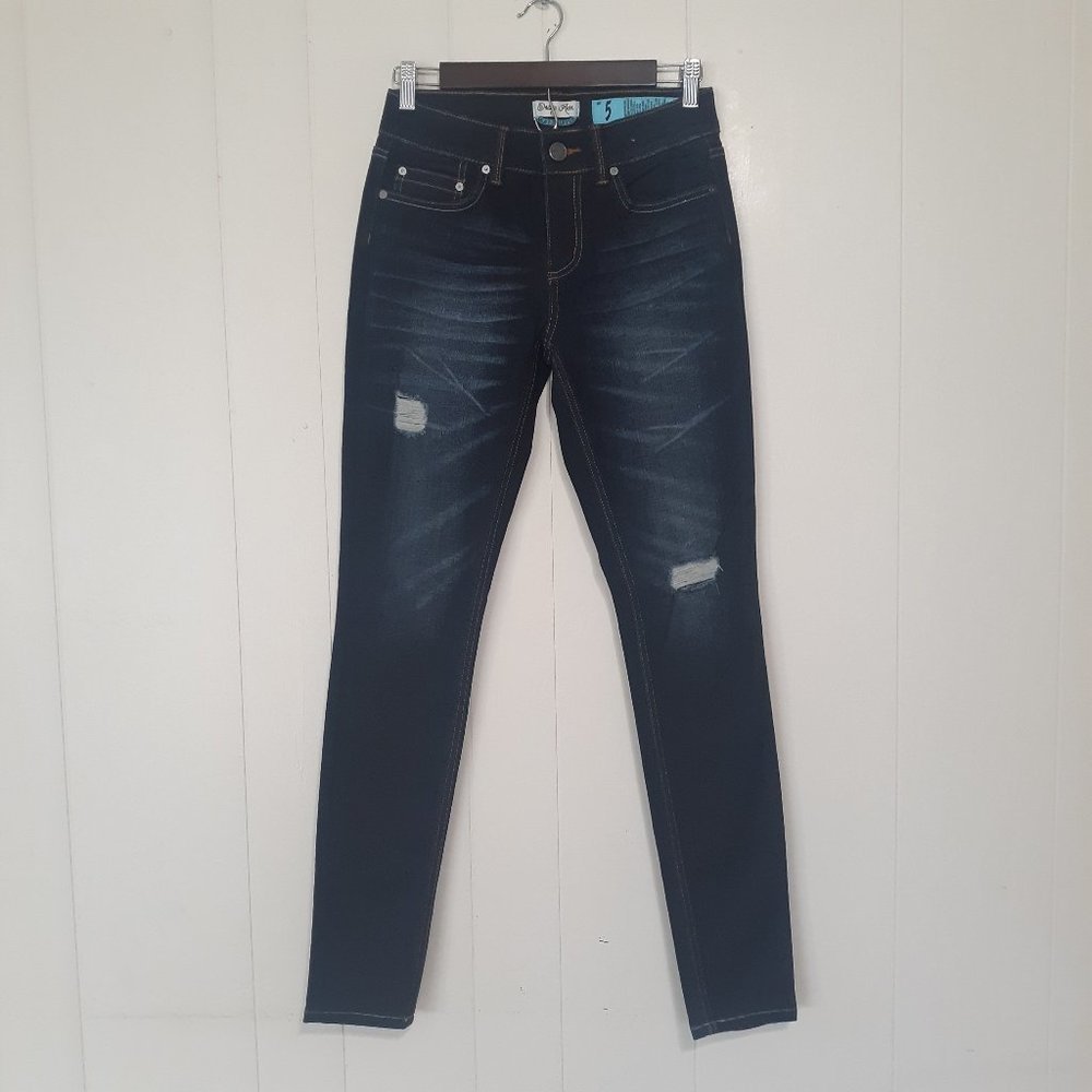 Indigo Rein Womens Jeans Size 5 Juniors Ankle Skinny Dark Wash Distressed Blue